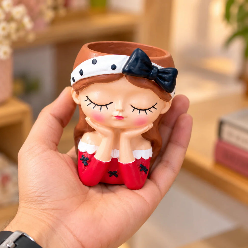 4-Inch Cute Girl Face Polyresin Planter for Succulent Pots(Red and White, Plant Not Included)