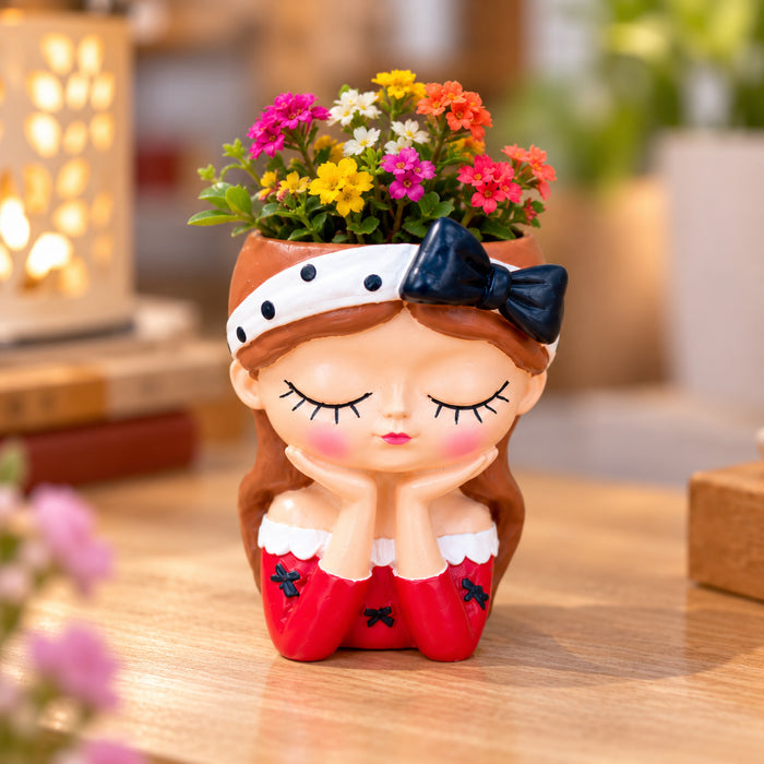 4-Inch Cute Girl Face Polyresin Planter for Succulent Pots(Red and White, Plant Not Included)