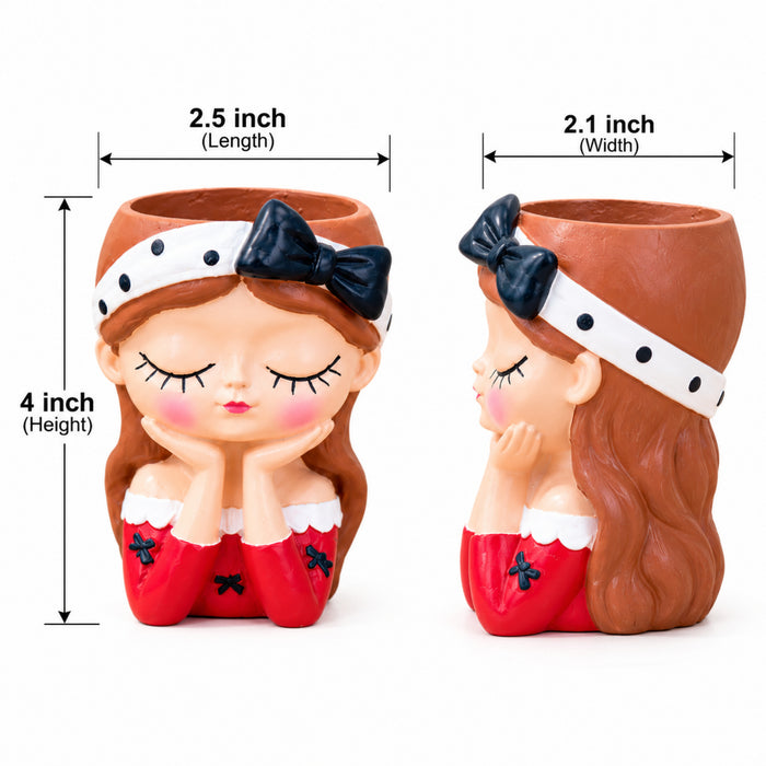 4-Inch Cute Girl Face Polyresin Planter for Succulent Pots(Red and White, Plant Not Included)