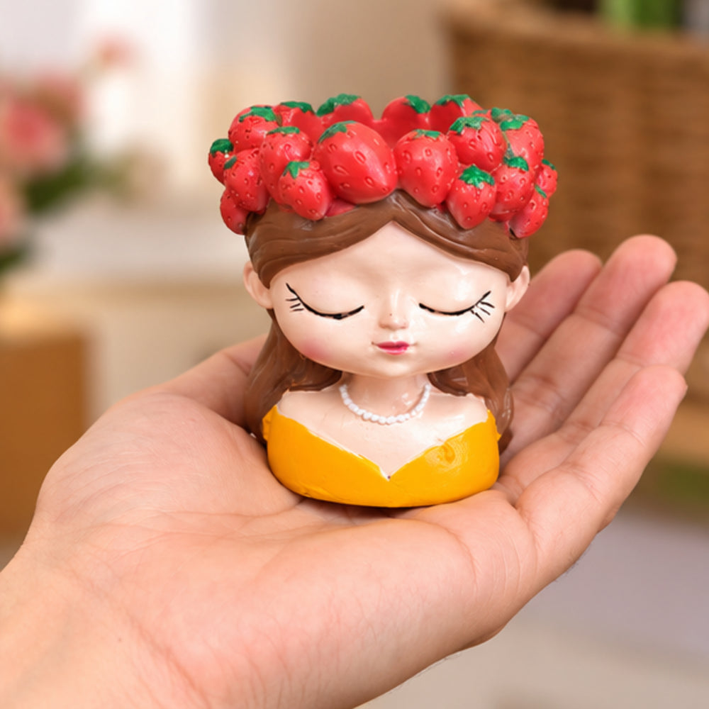 4-Inch Cute Girl Face Planter with Strawberry Crown – Decorative Resin Flower Pot for Indoor Plants, Succulents & Home Decor (Yellow Dress)