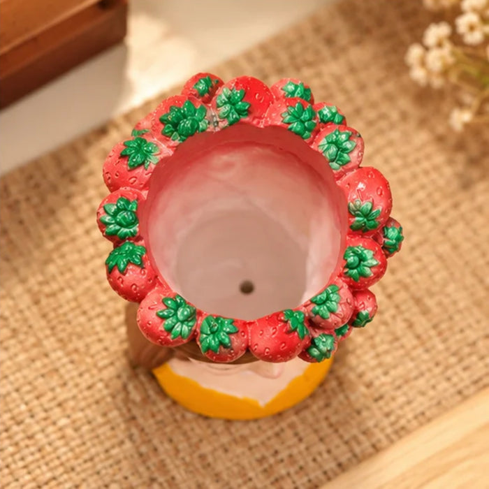 4-Inch Cute Girl Face Planter with Strawberry Crown – Decorative Resin Flower Pot for Indoor Plants, Succulents & Home Decor (Yellow Dress)