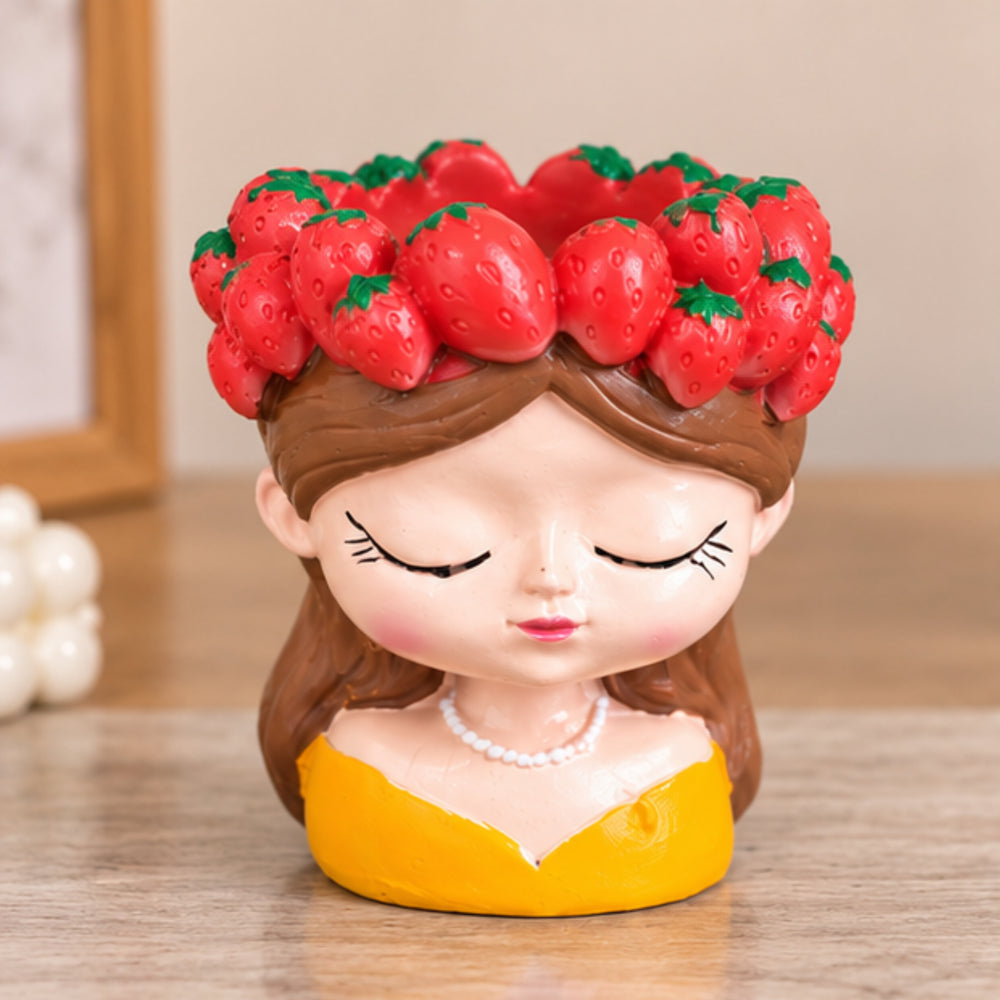 4-Inch Cute Girl Face Planter with Strawberry Crown – Decorative Resin Flower Pot for Indoor Plants, Succulents & Home Decor (Yellow Dress)
