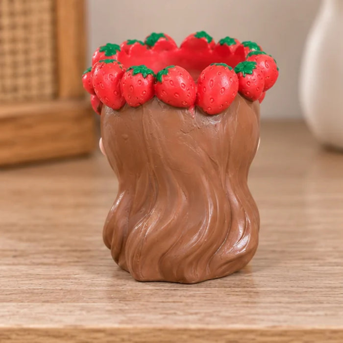 4-Inch Cute Girl Face Planter with Strawberry Crown – Decorative Resin Flower Pot for Indoor Plants, Succulents & Home Decor (Yellow Dress)