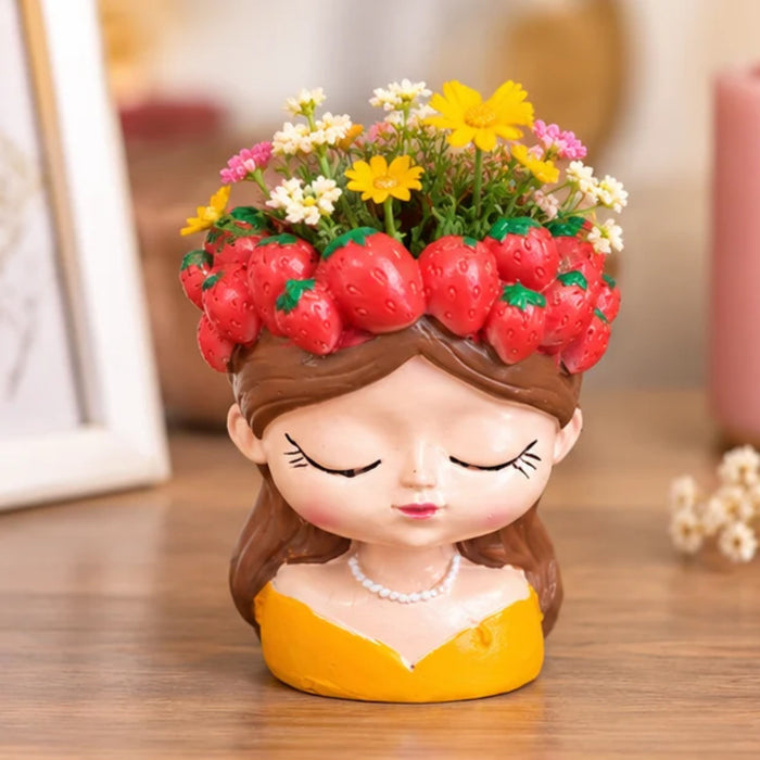 4-Inch Cute Girl Face Planter with Strawberry Crown – Decorative Resin Flower Pot for Indoor Plants, Succulents & Home Decor (Yellow Dress)