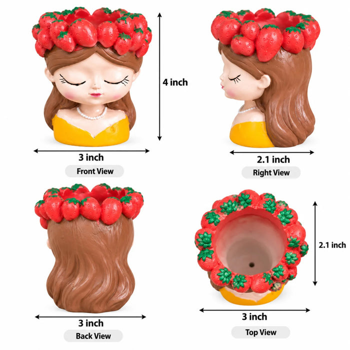 4-Inch Cute Girl Face Planter with Strawberry Crown – Decorative Resin Flower Pot for Indoor Plants, Succulents & Home Decor (Yellow Dress)