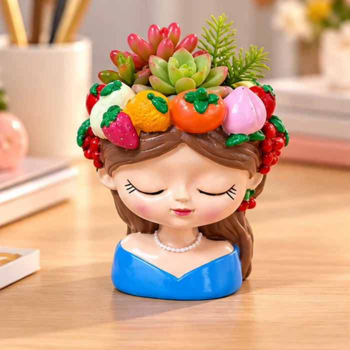 4 Inch Cute Girl Face Decorative Flower Pot with Colourful Fruit Design, Blue Mini Planter (Plant Not Included)