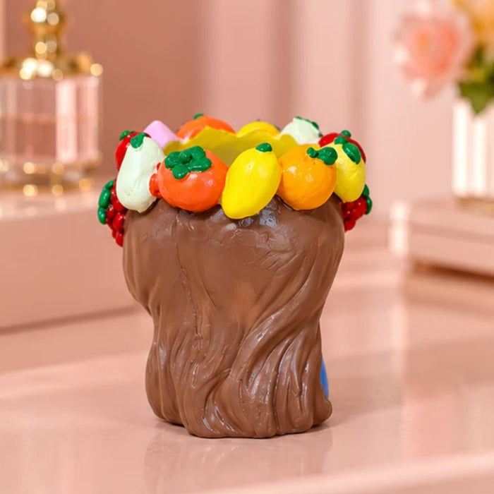 4 Inch Cute Girl Face Decorative Flower Pot with Colourful Fruit Design, Blue Mini Planter (Plant Not Included)