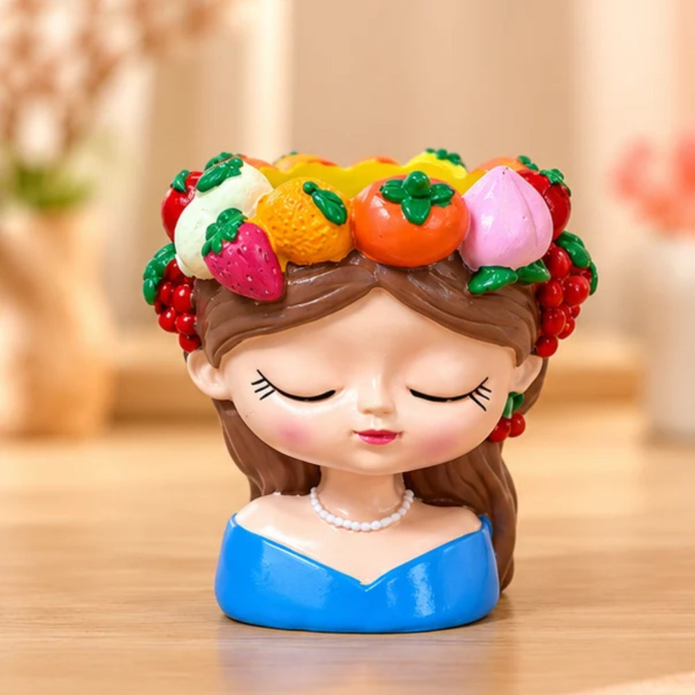 4 Inch Cute Girl Face Decorative Flower Pot with Colourful Fruit Design, Blue Mini Planter (Plant Not Included)