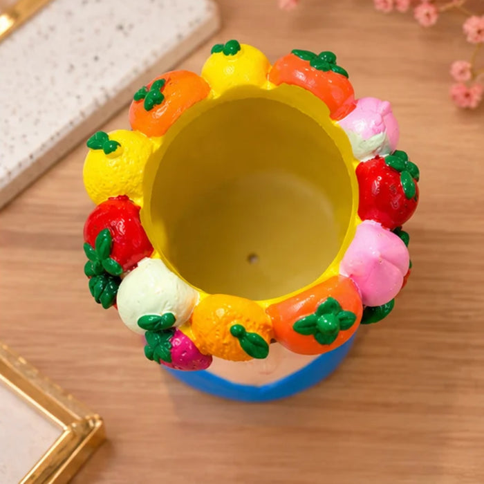 4 Inch Cute Girl Face Decorative Flower Pot with Colourful Fruit Design, Blue Mini Planter (Plant Not Included)
