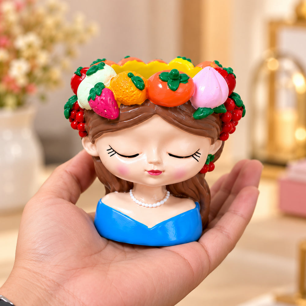 4 Inch Cute Girl Face Decorative Flower Pot with Colourful Fruit Design, Blue Mini Planter (Plant Not Included)
