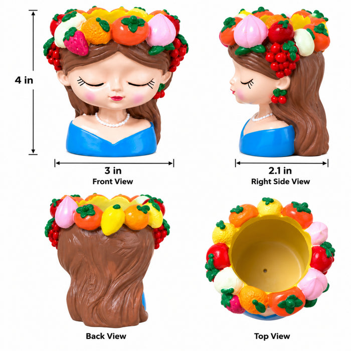 4 Inch Cute Girl Face Decorative Flower Pot with Colourful Fruit Design, Blue Mini Planter (Plant Not Included)