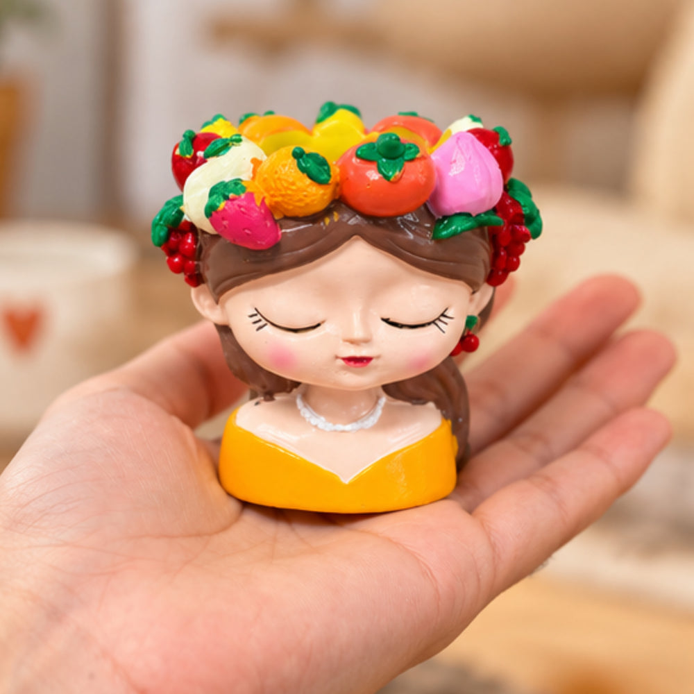 4 Inch Cute Girl Face Decorative Flower Pot with Colourful Fruit Design (Plant Not Included)