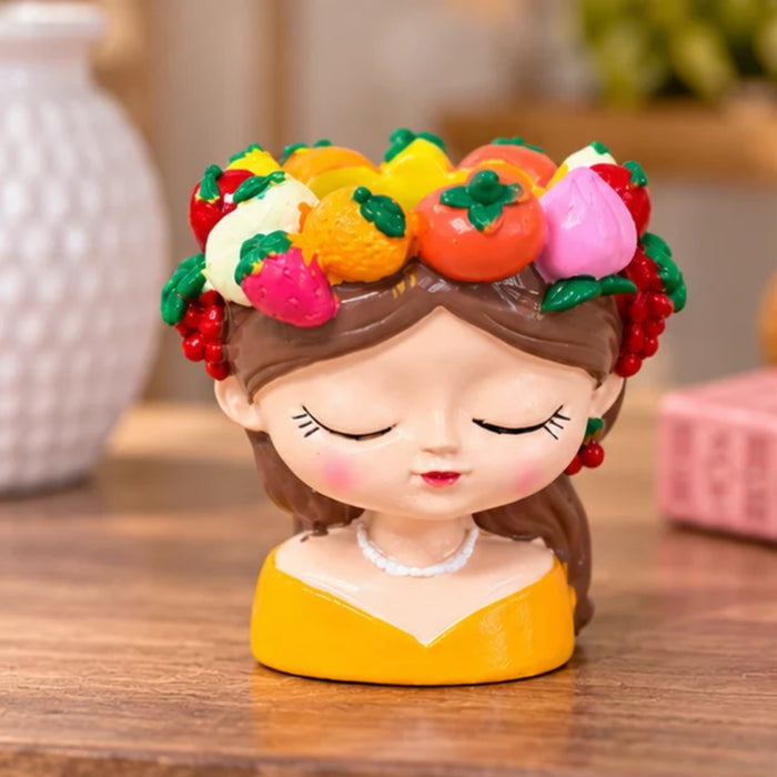 4 Inch Cute Girl Face Decorative Flower Pot with Colourful Fruit Design (Plant Not Included)