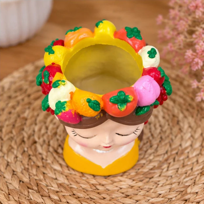 4 Inch Cute Girl Face Decorative Flower Pot with Colourful Fruit Design (Plant Not Included)