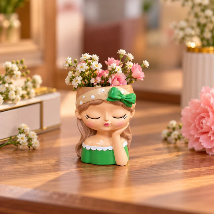 Cute Girl Face Planter for Succulents – 4-Inch Resin Flower Pot(Green Dress, Plant Not Included)