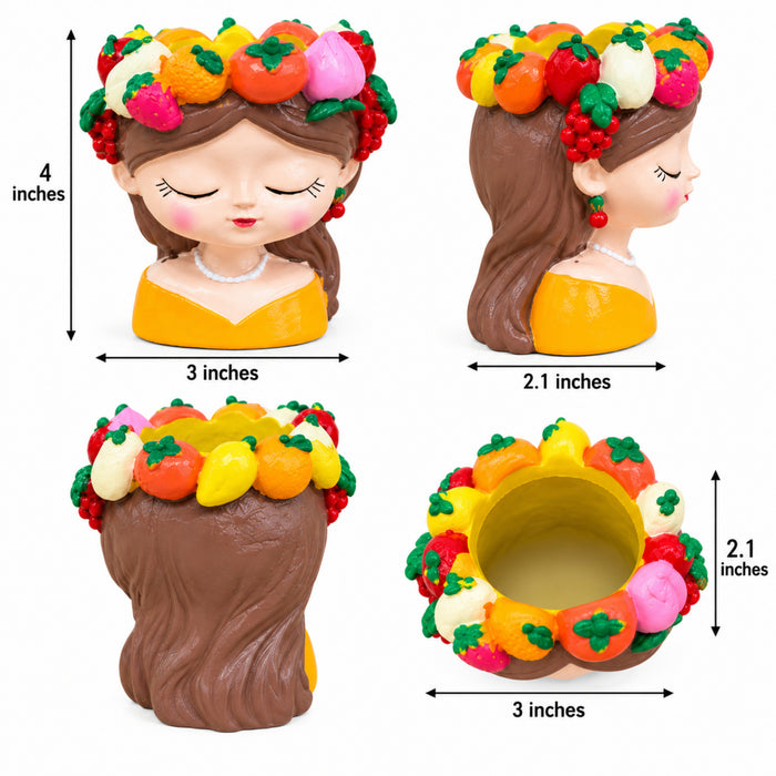 4 Inch Cute Girl Face Decorative Flower Pot with Colourful Fruit Design (Plant Not Included)