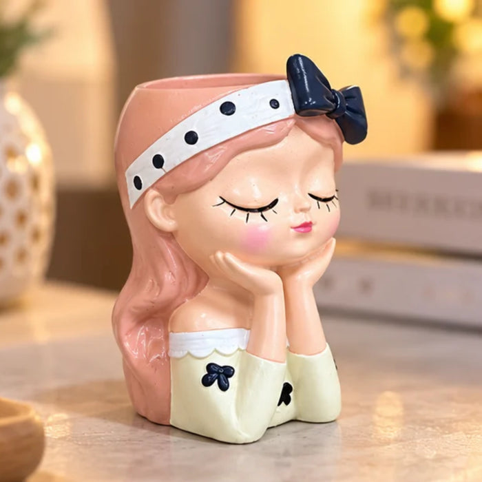 Cute Girl Face Planter with Bow Headband – 4-Inch Resin Succulent Pot & Decorative Flower Pot for Indoor Plants (Plant Not Included)