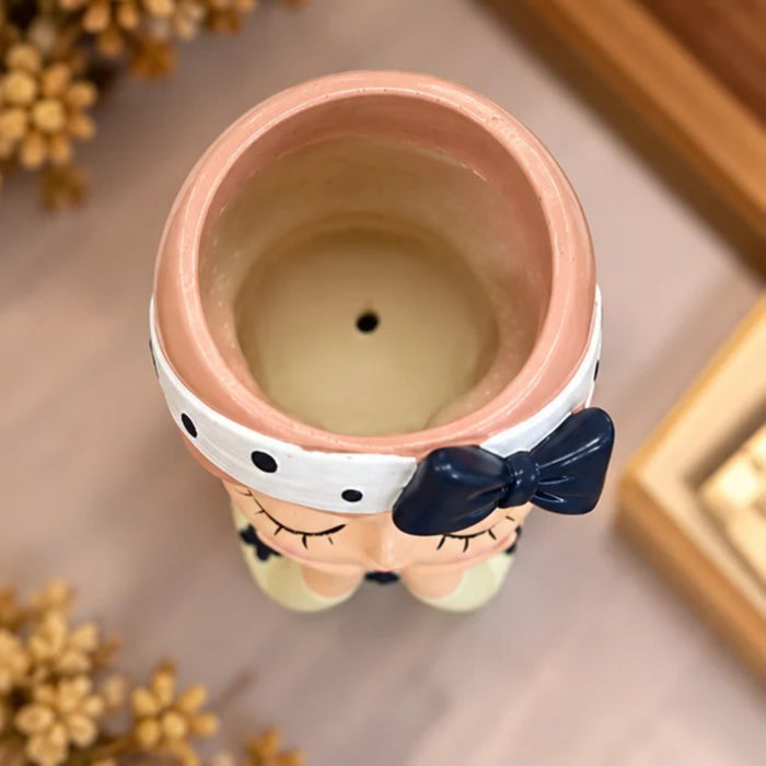 Cute Girl Face Planter with Bow Headband – 4-Inch Resin Succulent Pot & Decorative Flower Pot for Indoor Plants (Plant Not Included)