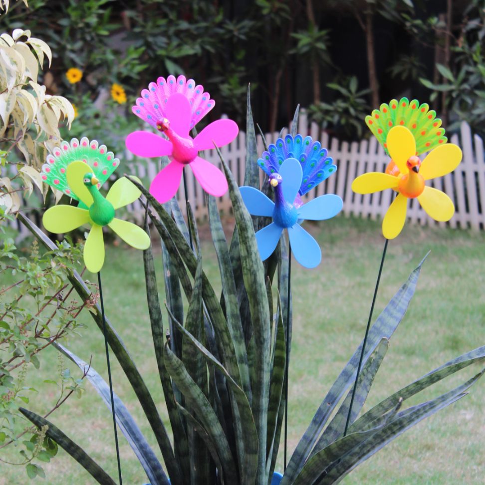 Colorful Peacock Wind Spinners for Garden Decor (Set of 4) – Multicolor Outdoor Pinwheel Stakes for Lawn & Patio