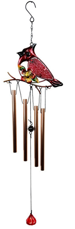 Red enamel cardinal wind chime with four copper-colored metal tubes and a red glass wind catcher