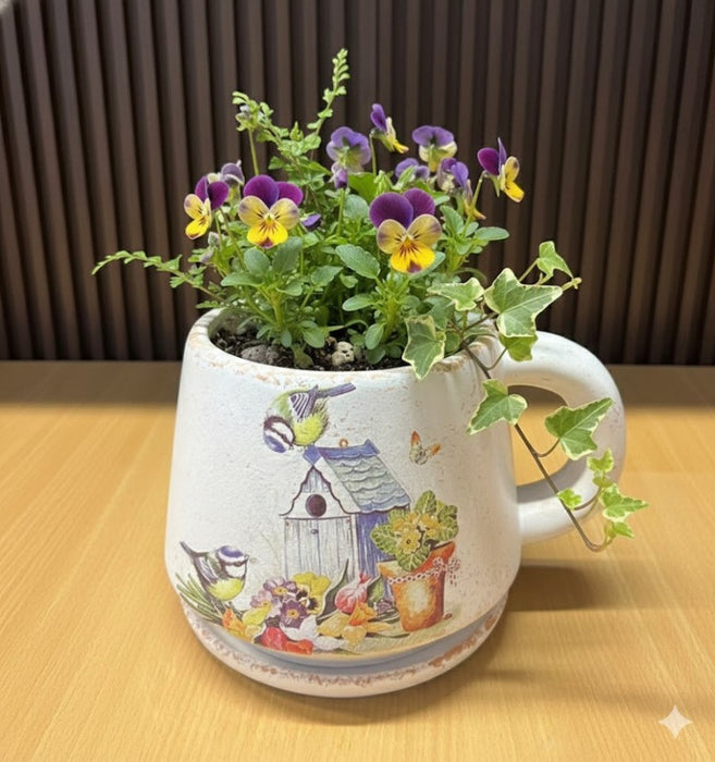 A rustic ceramic planter shaped like a large cup featuring a vintage illustration of blue tit birds, a blue birdhouse, and spring flowers on a weathered white background with an attached saucer.