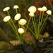 Set of two solar-powered garden lights shaped like glowing mushrooms with warm white LEDs swaying in a dark garden.