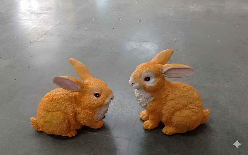 Two brown ceramic rabbit figurines with pink ears and red eyes sitting on a grey floor.