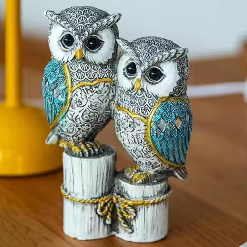 Handcrafted Dual Owl Figurine on Rustic Perch