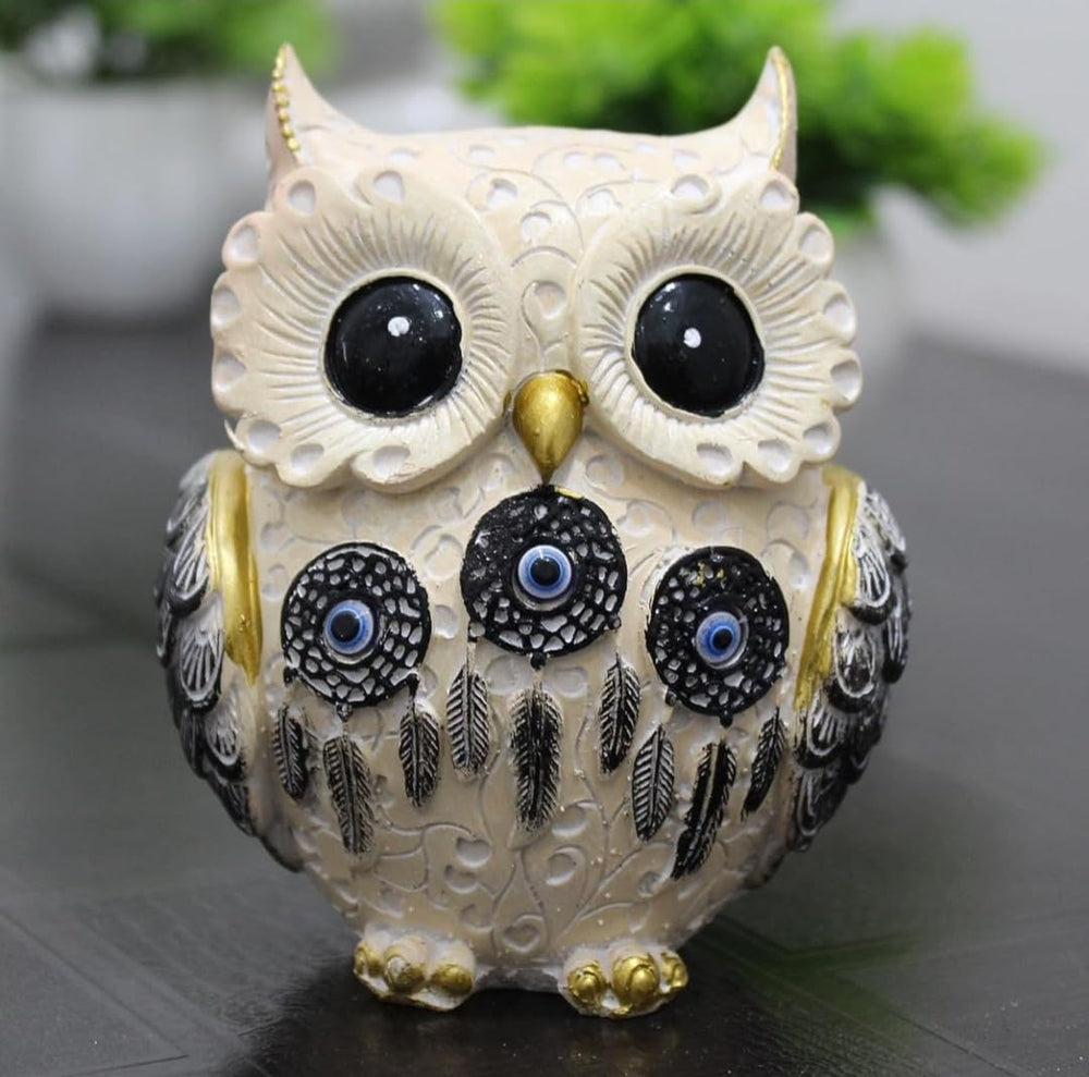 Decorative Owl Figurine with Evil Eye Dreamcatcher Accents