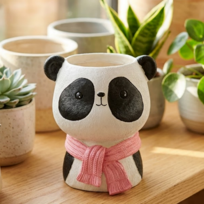 Cute Panda Animal Planter – Mini Flower Pot with Pink Scarf  (Plant not included)