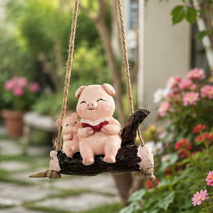 Cute Reading Pigs on Log Swing Mini Hangings Ornament