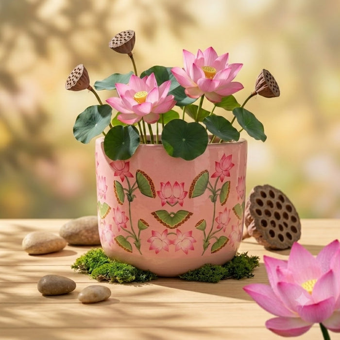 Handpainted Terracotta Flower Pot & Plant Container - Pink Lotus Design Decorative Planter for Indoor Plants, Home Office Decor, and Gardening Lovers