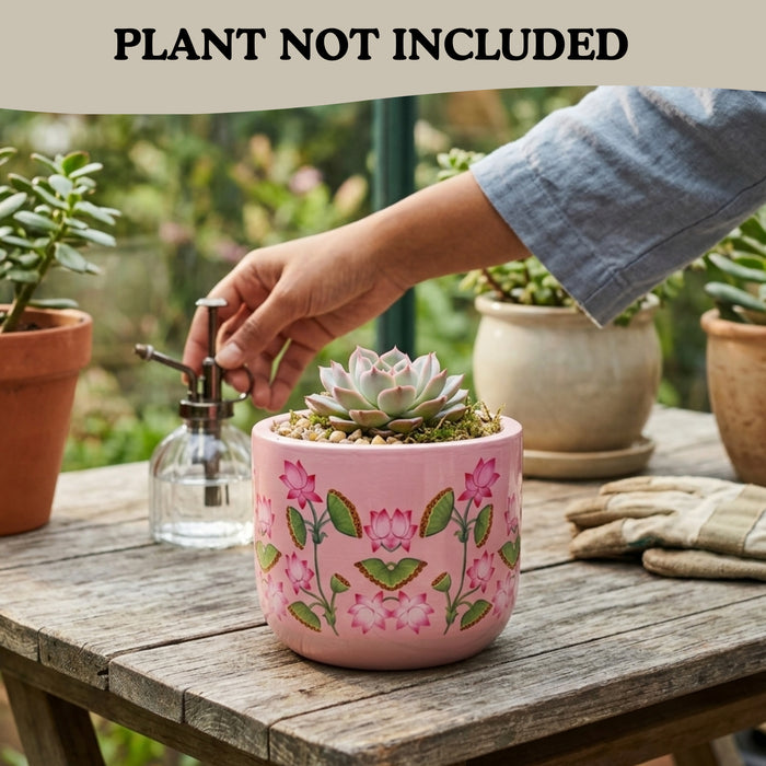 Handpainted Terracotta Flower Pot & Plant Container - Pink Lotus Design Decorative Planter for Indoor Plants, Home Office Decor, and Gardening Lovers