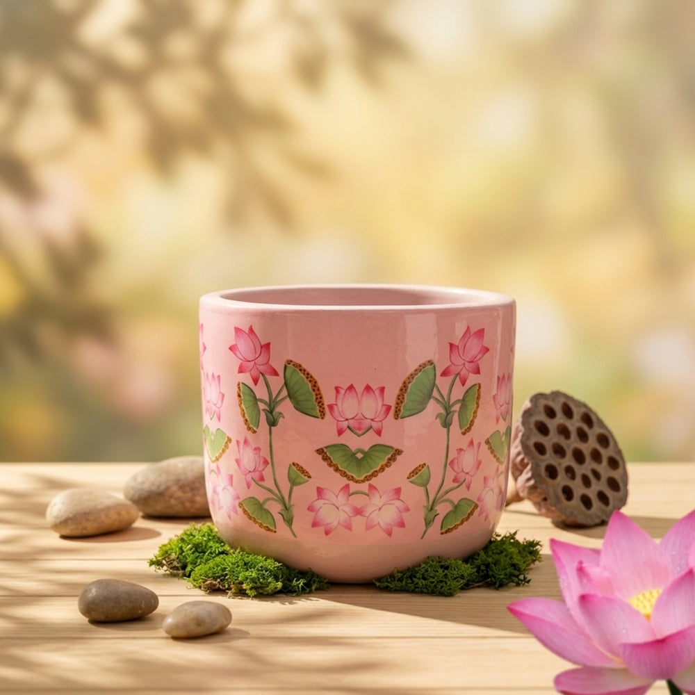 Handpainted Terracotta Flower Pot & Plant Container - Pink Lotus Design Decorative Planter for Indoor Plants, Home Office Decor, and Gardening Lovers