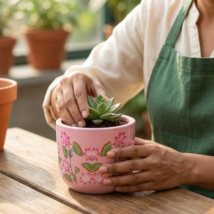 Handpainted Terracotta Flower Pot & Plant Container - Pink Lotus Design Decorative Planter for Indoor Plants, Home Office Decor, and Gardening Lovers
