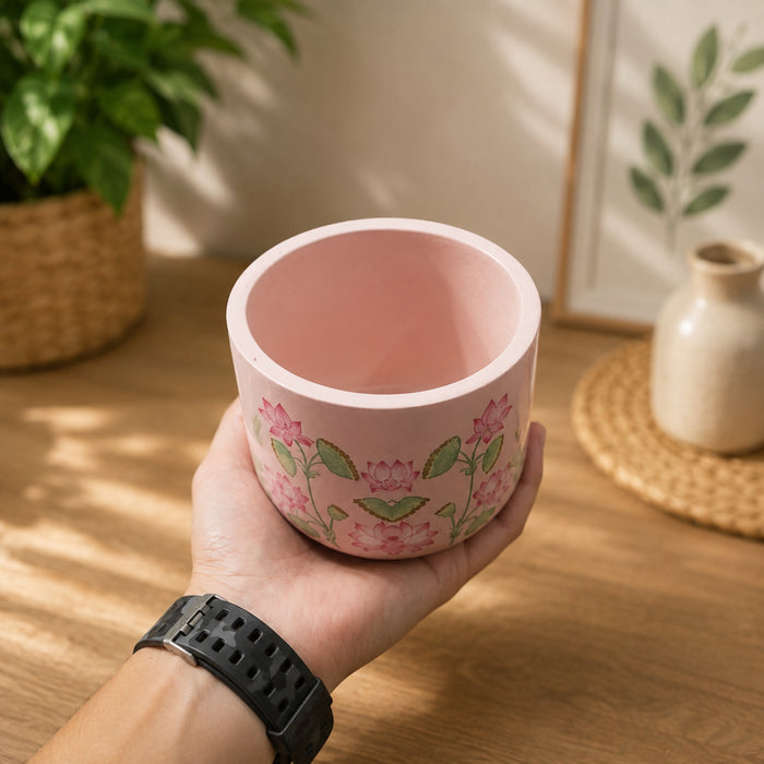 Handpainted Terracotta Flower Pot & Plant Container - Pink Lotus Design Decorative Planter for Indoor Plants, Home Office Decor, and Gardening Lovers