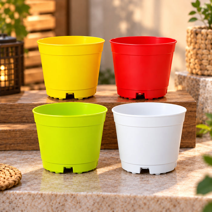 Plastic Plant Pots Set of 4 – 4 Inch Colorful Small Pots for Home, Office & Balcony