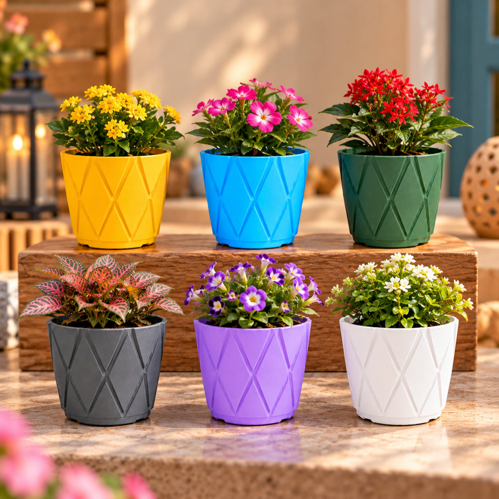 4 Inch Geometric Plastic Planter Pots Set of 6 – Multicolor Pots for Indoor & Outdoor Plants