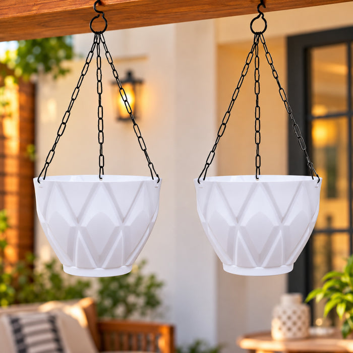 (Set of 2) Hanging Solitaire Pot with Chain and Drain Base for Home Garden, White