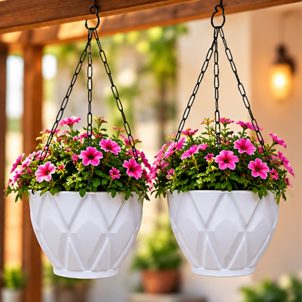 (Set of 2) Hanging Solitaire Pot with Chain and Drain Base for Home Garden, White