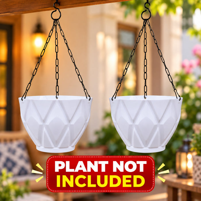 (Set of 2) Hanging Solitaire Pot with Chain and Drain Base for Home Garden, White