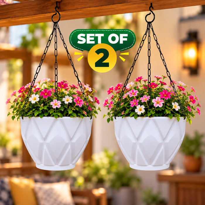 (Set of 2) Hanging Solitaire Pot with Chain and Drain Base for Home Garden, White