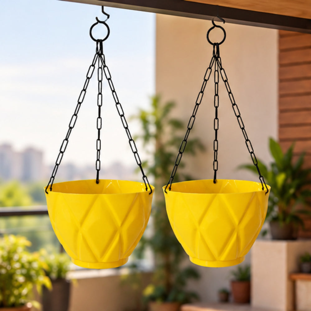 (Set of 2) Hanging Solitaire Pot with Chain and Drain Base for Home Garden, Yellow