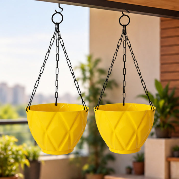 (Set of 2) Hanging Solitaire Pot with Chain and Drain Base for Home Garden, Yellow