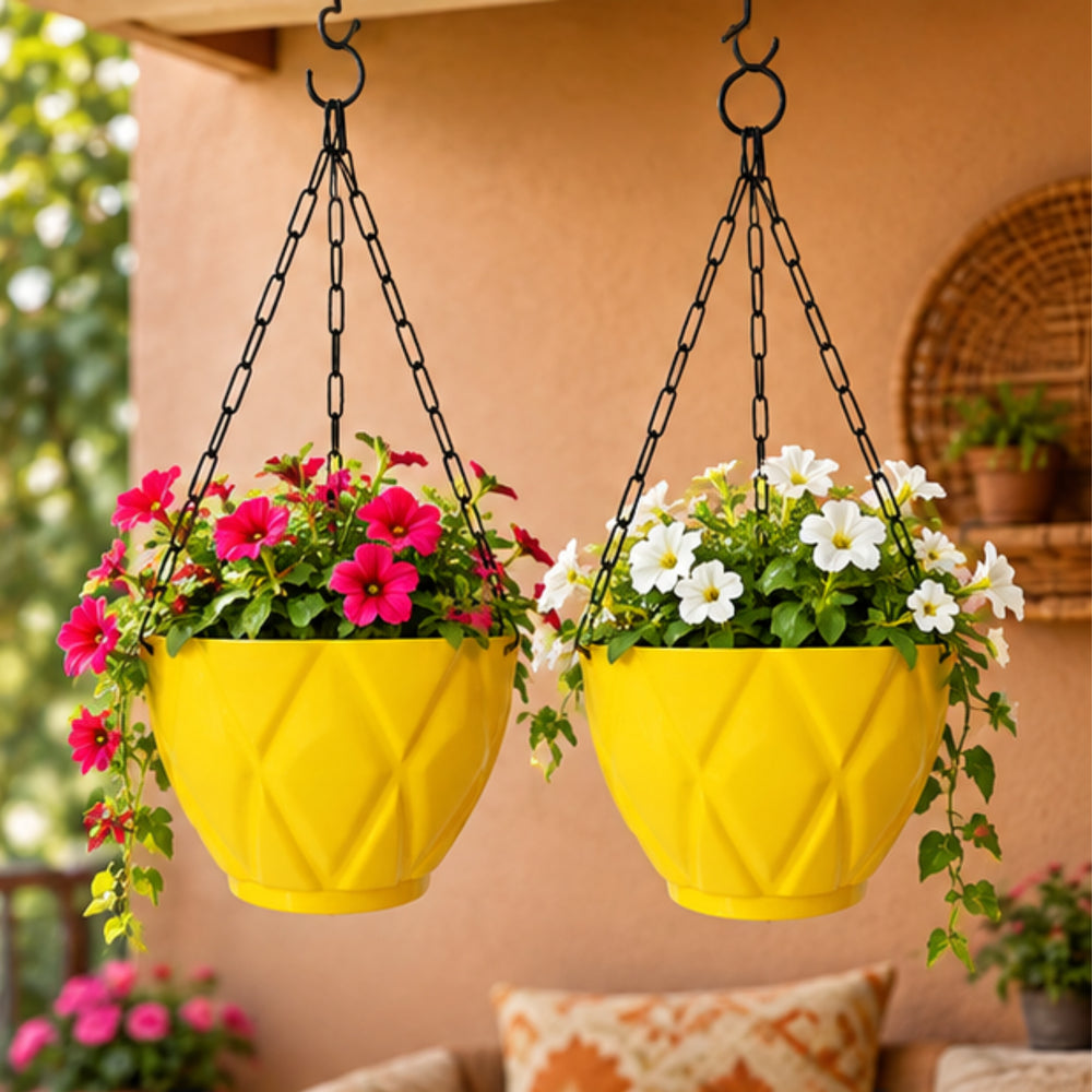 (Set of 2) Hanging Solitaire Pot with Chain and Drain Base for Home Garden, Yellow