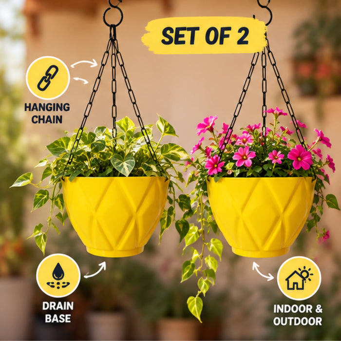 (Set of 2) Hanging Solitaire Pot with Chain and Drain Base for Home Garden, Yellow