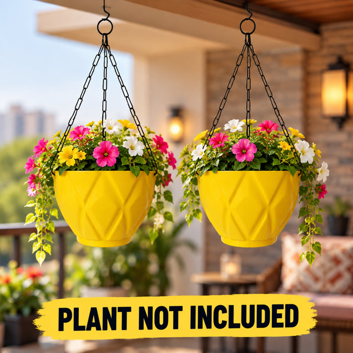 (Set of 2) Hanging Solitaire Pot with Chain and Drain Base for Home Garden, Yellow