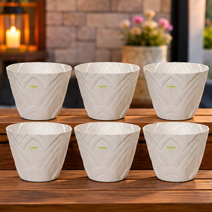 Set of 6 : White Lotus 8 Inches PP/ PVC / High Quality Plastic Planter