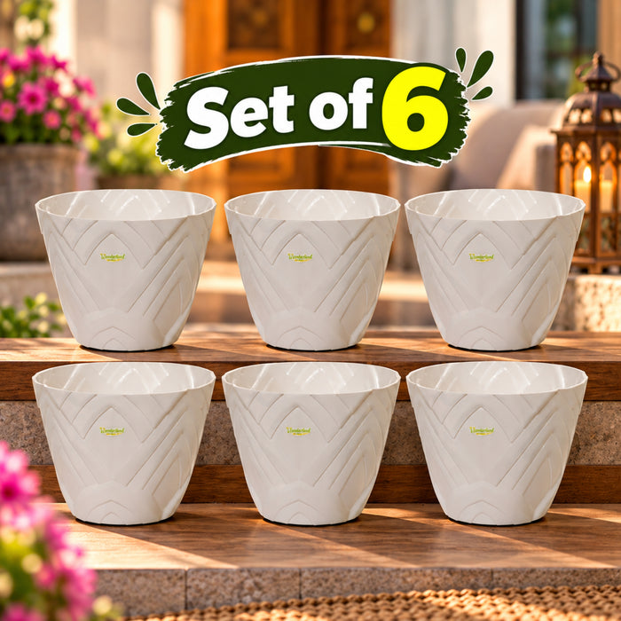 Set of 6 : White Lotus 8 Inches PP/ PVC / High Quality Plastic Planter