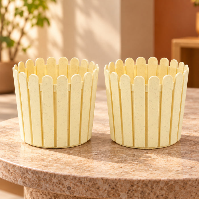 (Set of 2) 6 inch French Round Planters , Premium Plastic pots, Uv Protected (Marble Beige)